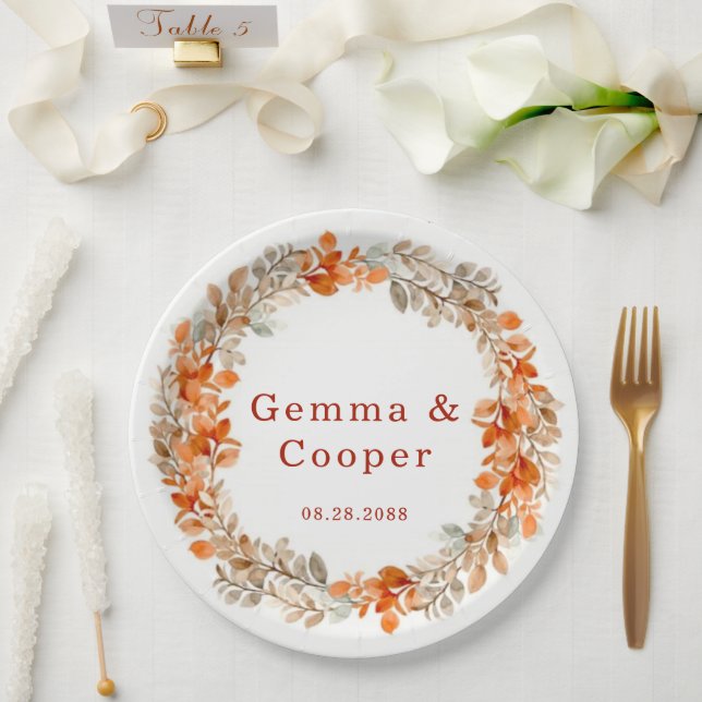Fall Dark Red Orange Floral Wedding Paper Plates (Wedding)