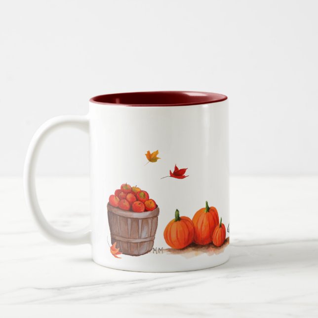 Fall Day with Pumpkins Leaves Apples and Rake Two-Tone Coffee Mug (Left)