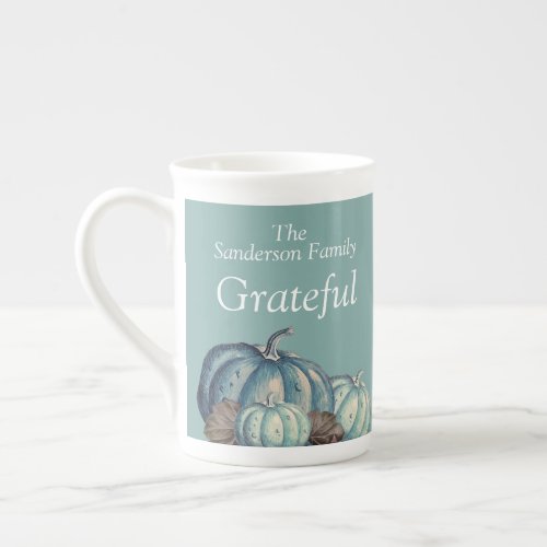 Fall Decor Watercolor Blue Pumpkin Grateful Quote Bone China Mug