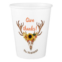 Fall Deer Head Skull Give Thanks Typography Paper Cup
