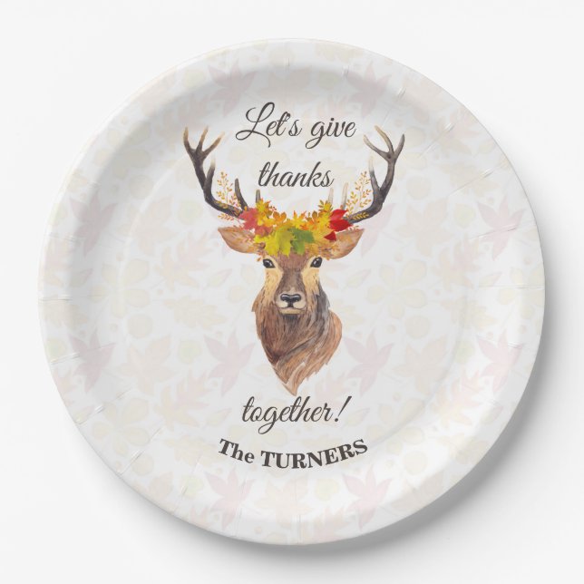 Fall Deer Let's give Thanks together Thanksgiving Paper Plates (Front)
