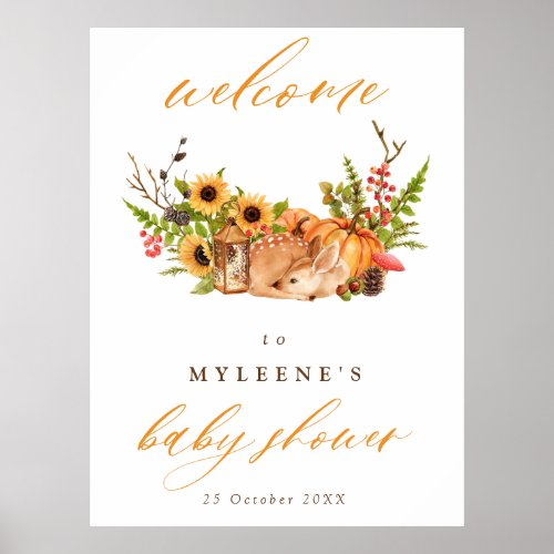 Fall Deer Pumpkin  Sunflower Baby Shower Welcome Poster