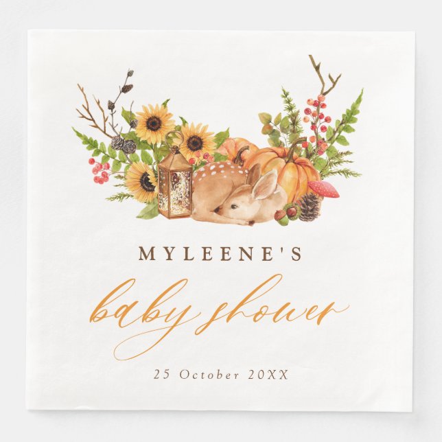 Fall Deer Pumpkin & Sunflowers Baby Shower Paper Dinner Napkins (Front)
