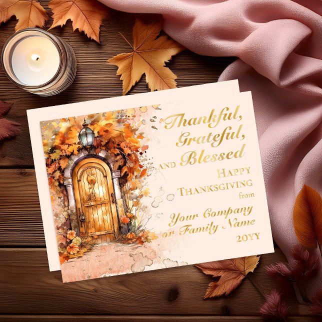 Fall Door Thanksgiving Thankful Grateful Blessed  Foil Holiday Card (Elegant Wood Door Fall Leaves | Pumpkins "Thankful, Grateful and Blessed Thanksgiving Greeting Card)