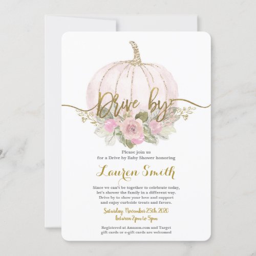 Fall Drive by Baby Shower girl pink pumpkin Invitation
