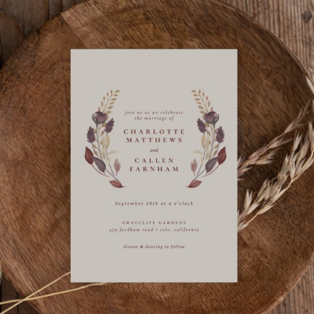 Fall Dusty Purple Rust Wheat Floral Arch Wedding Invitation (Creator Uploaded)