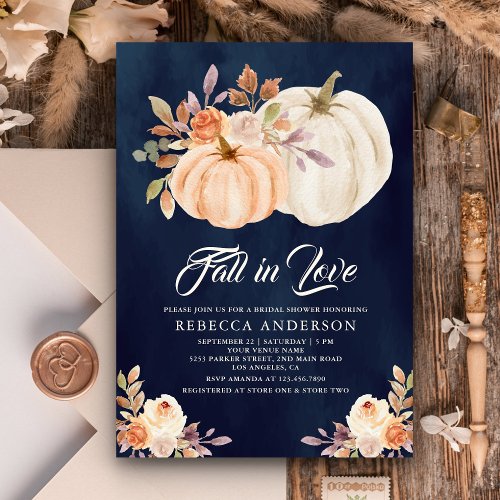 Fall Earthy Floral Pumpkin Navy Blue Bridal Shower Invitation
