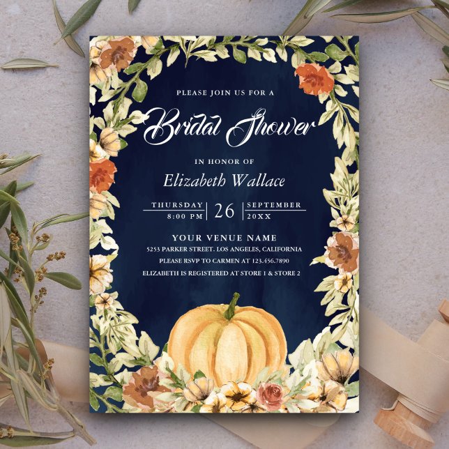 Fall Earthy Floral Pumpkin Navy Blue Bridal Shower Invitation (Creator Uploaded)