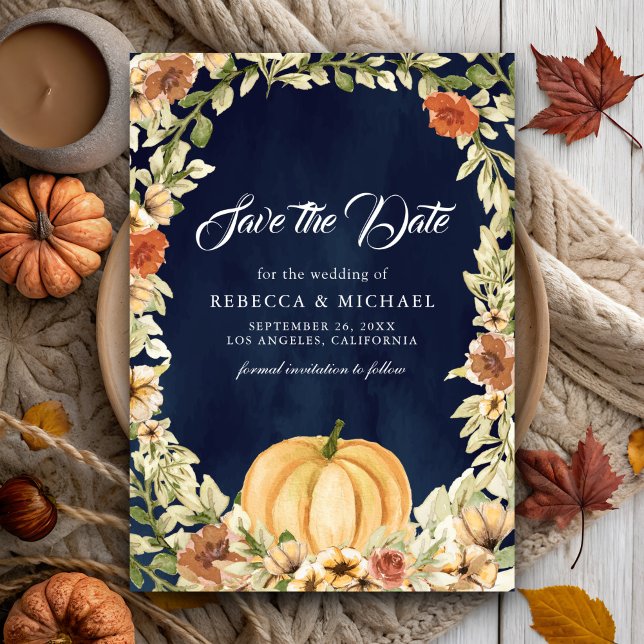 Fall Earthy Floral Pumpkin Navy Blue Wedding Save The Date (Creator Uploaded)