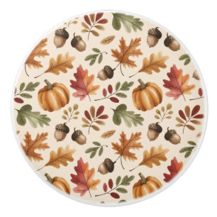 Fall Earthy Orange Watercolor Pumpkin Maple Leaves Ceramic Knob