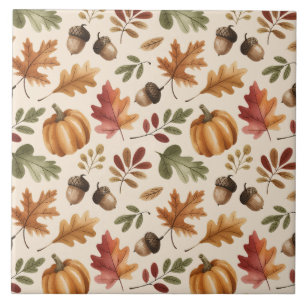 Fall Earthy Orange Watercolor Pumpkin Maple Leaves Ceramic Tile