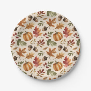 Fall Earthy Orange Watercolor Pumpkin Maple Leaves Paper Plates