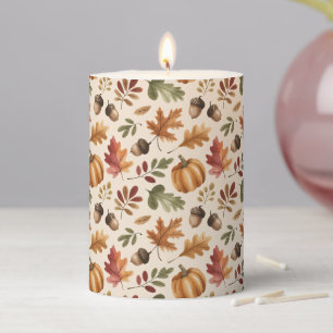 Fall Earthy Orange Watercolor Pumpkin Maple Leaves Pillar Candle