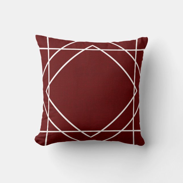Fall Elegant Burgundy Faux Burlap & White Geo Line Throw Pillow (Front)