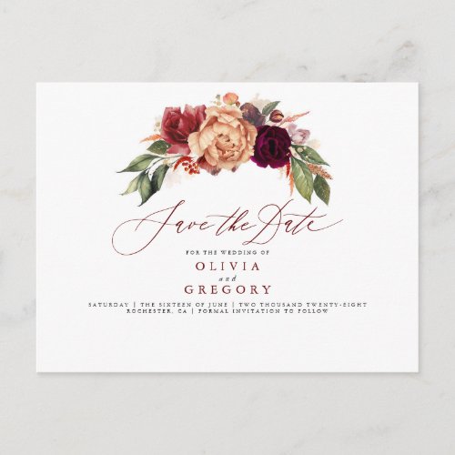 Fall Elegant Floral Save the Date Announcement Postcard