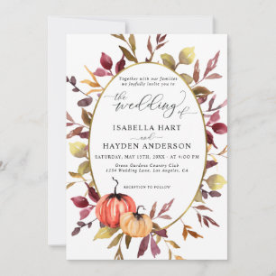 Fall Elegant Foliage Pumpkin Gold Foil Wedding Invitation