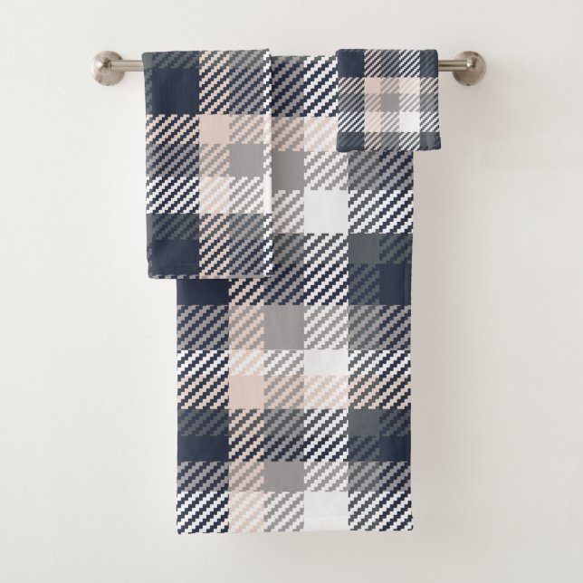 Fall Elegant Gray & Taupe Modern Farmhouse Plaid Bath Towel Set (Insitu)