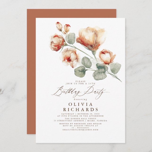 Fall Elegant Romantic Floral Birthday Invitation (Front/Back)