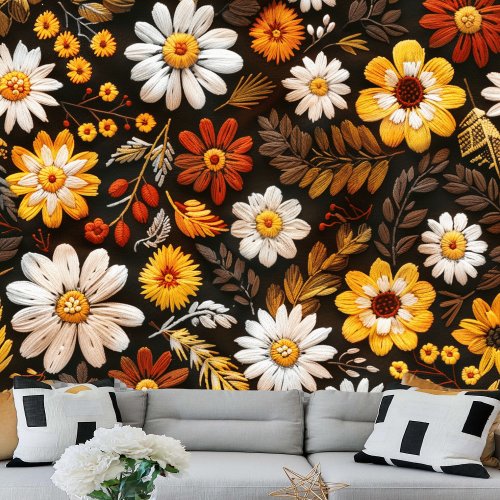 Fall Embroidered Flower Seamless Design Wallpaper