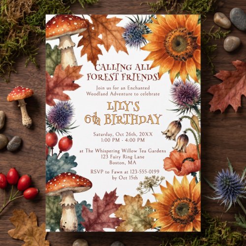 Fall Enchanted Forest Mushroom Sunflower Birthday Invitation