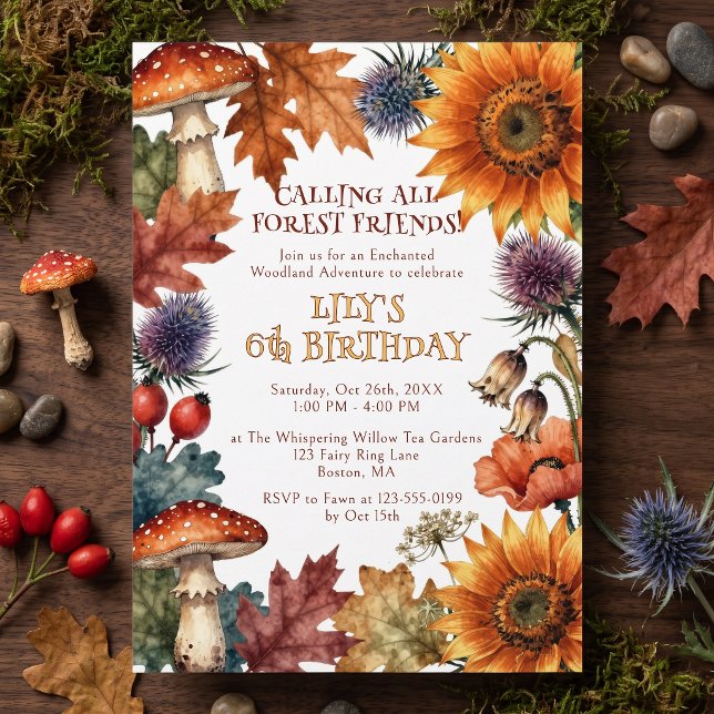 Fall Enchanted Forest Mushroom Sunflower Birthday Invitation (Creator Uploaded)