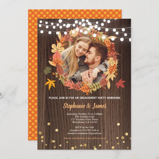 Fall engagement party photo wreath rustic invitation (Front/Back)
