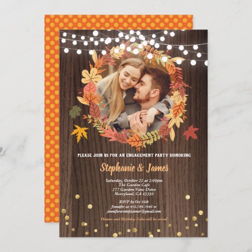 Fall engagement party photo wreath rustic invitation