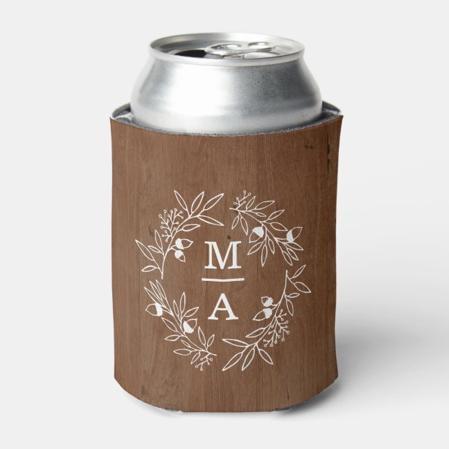 Fall Engagement Wedding Party Initials Date Wood Can Cooler (Can Front)