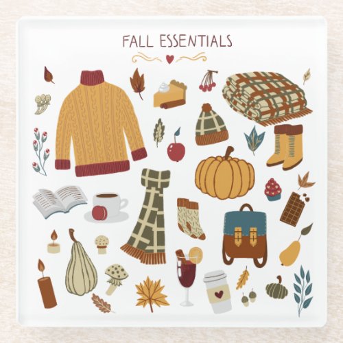 Fall Essentials Digital Drawing Glass Coaster