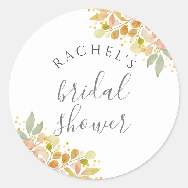 Fall Eucalyptus Branches & Leaves Bridal Shower Classic Round Sticker (Front)