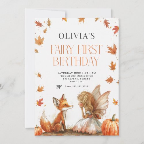 Fall Fairy First Birthday Invitation with a Fox