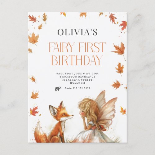 Fall Fairy First Birthday Invitation with a Fox Postcard