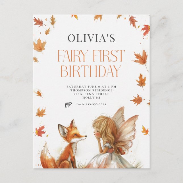 Fall Fairy First Birthday Invitation with a Fox Postcard (Front)