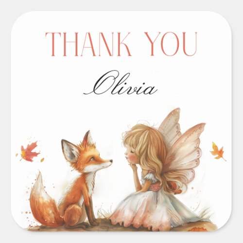 Fall Fairy First Birthday Thank You with a Fox Square Sticker