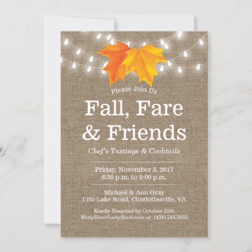 Fall Fare  Friends Leaves  String Lights Burlap Invitation