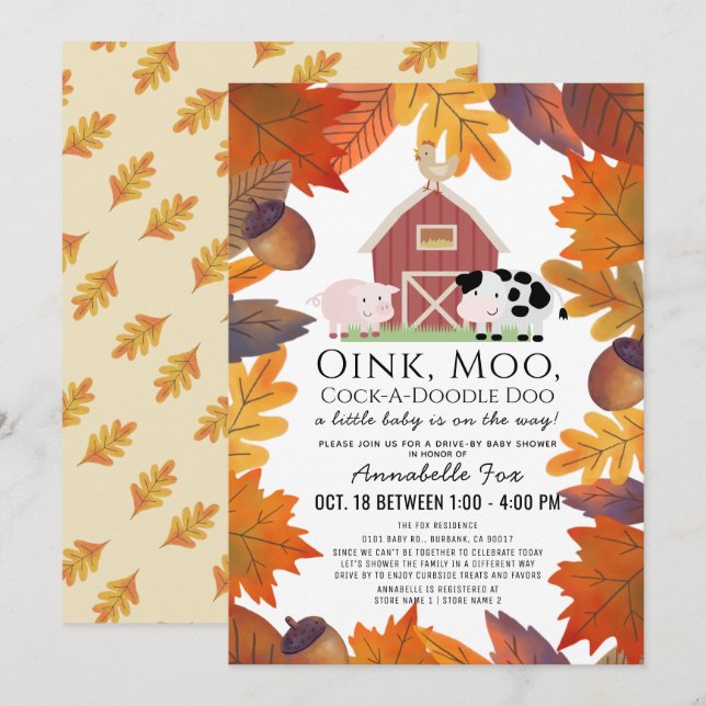 Fall Farm Animals Barnyard Drive-by Baby Shower Invitation (Front/Back)