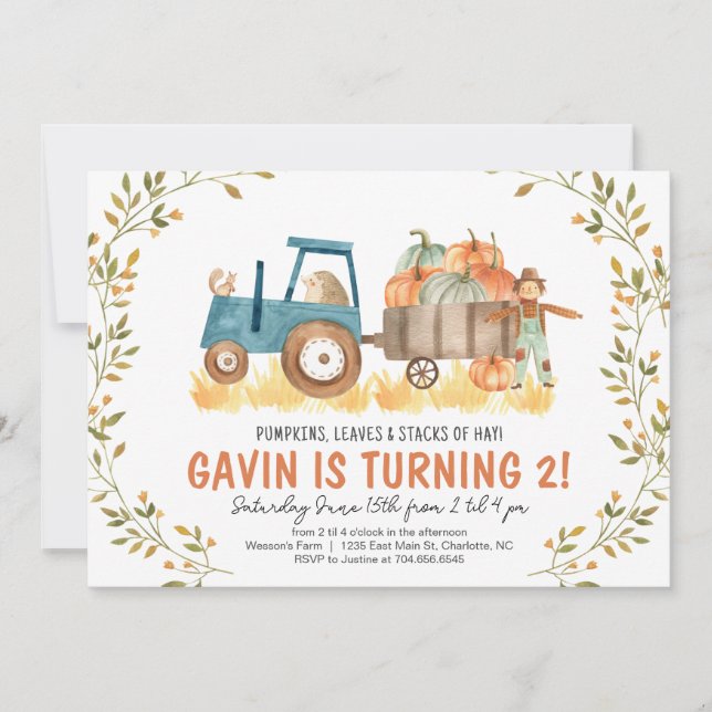 Fall Farm Birthday Invitation, Fall hayride Invitation (Front)
