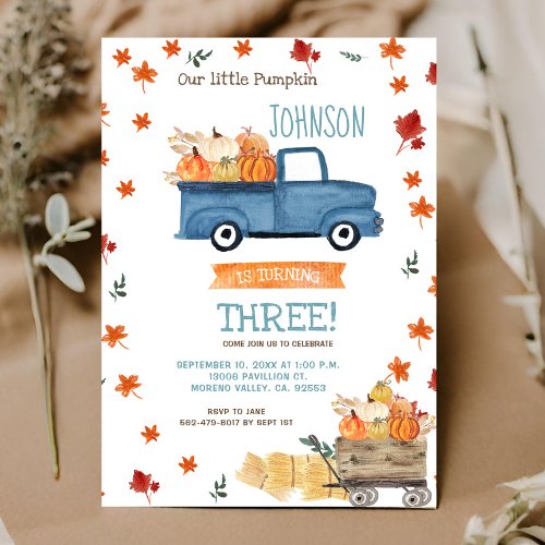 Fall Farm Navy Pumpkin Birthday  Invitation