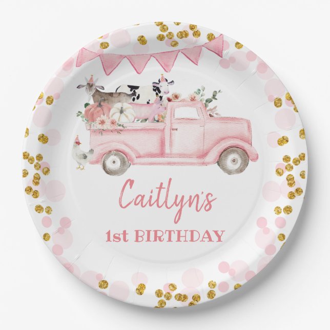 Fall Farm Pumpkin Pink Truck Drive By Birthday Paper Plates (Front)