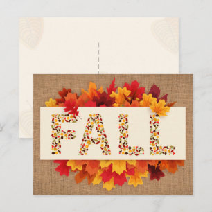Fall Farmhouse Colorful Autumn Leaves on Burlap Postcard