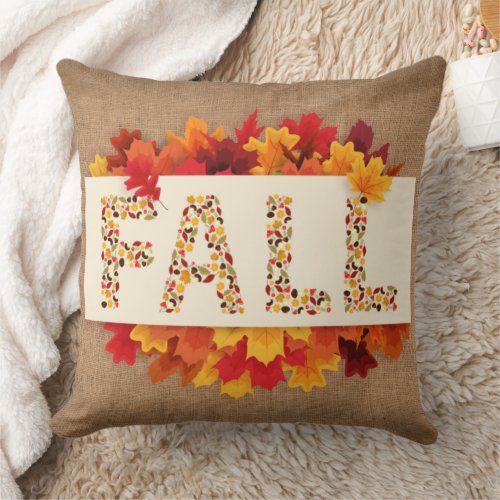 Fall Farmhouse Colorful Autumn Leaves on Burlap  Throw Pillow