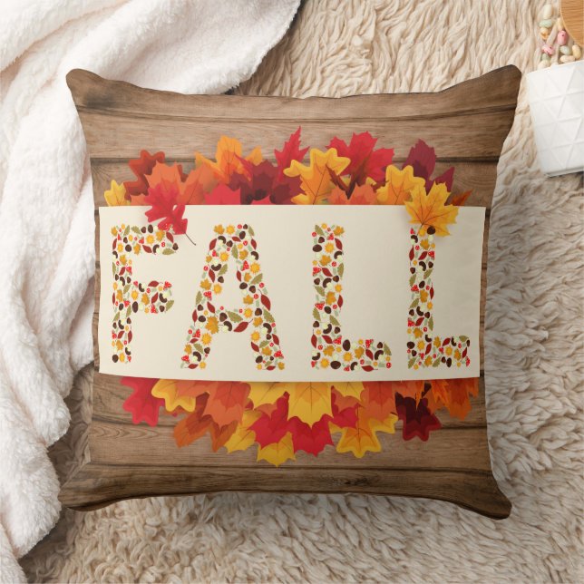 Fall Farmhouse Colorful Autumn Leaves Rustic Wood Throw Pillow (Blanket)