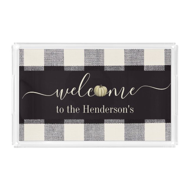 Fall Farmhouse Gingham Pumpkin Welcome Family  Acrylic Tray (Front)