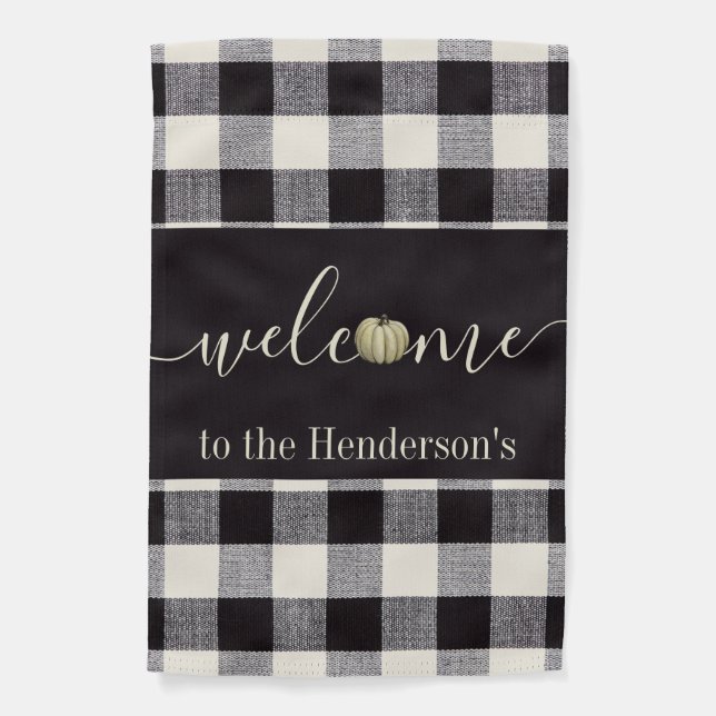 Fall Farmhouse Gingham Pumpkin Welcome Family Name Garden Flag (Front)