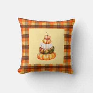 Fall Farmhouse Pumpkins and Orange Brown Plaid Throw Pillow