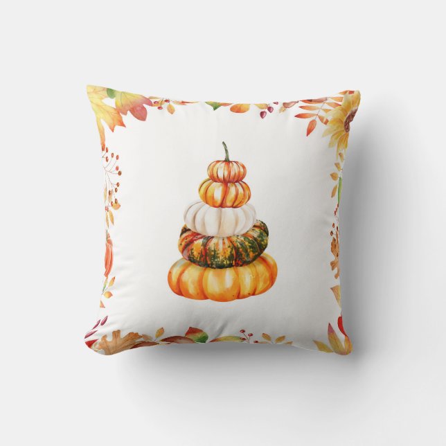 Fall Farmhouse Pumpkins with Watercolor Leaves Throw Pillow (Front)