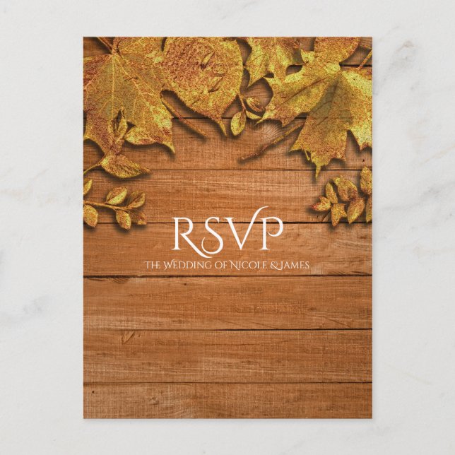 Fall Faux Gold Leaf Art Elegant Autumn RSVP Invitation Postcard (Front)