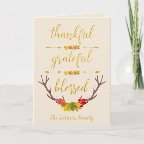 Fall Faux Gold Thankful Grateful Blessed Script Holiday Card