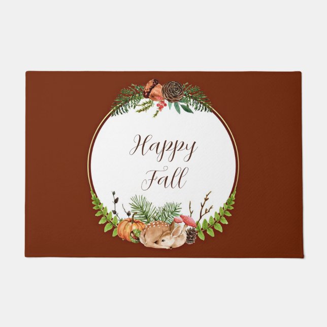 Fall fawn and nature with customizable text  doormat (Front)