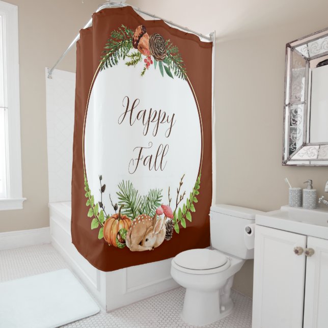 Fall fawn and nature with customizable text  shower curtain (In Situ)